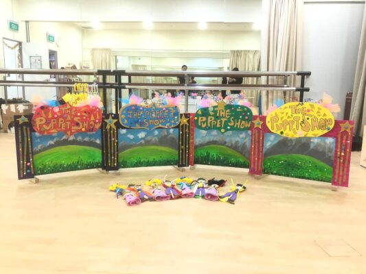Our puppet show decorations made by Fine Momentum students during art classes