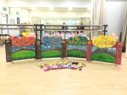 Our puppet show decorations made by Fine Momentum students during art classes
